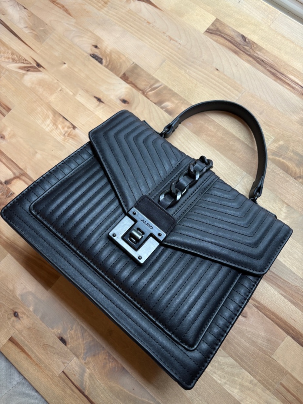 Aldo Black Quilted Chain-Accent Top Handle Satchel - Picture 2 of 14